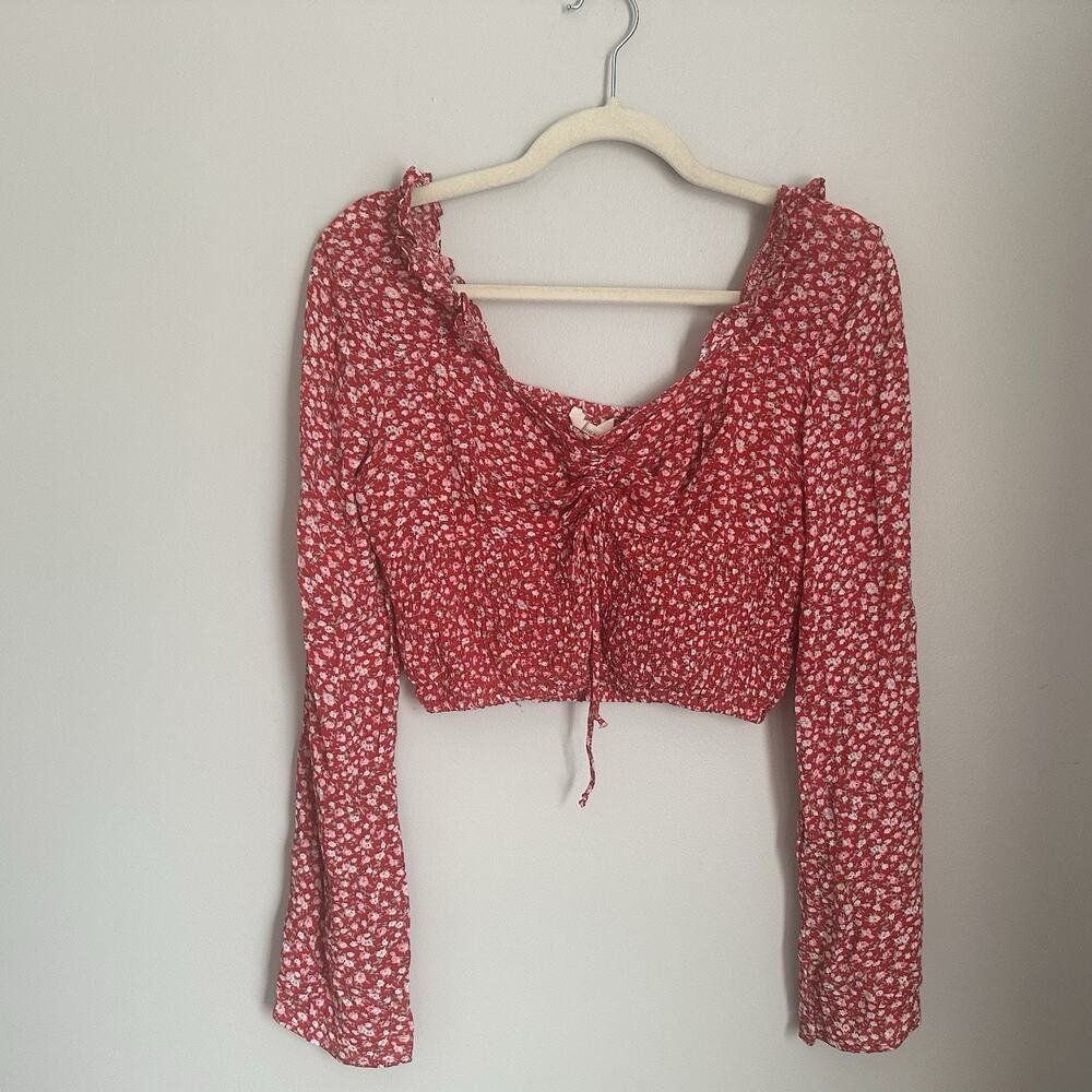 Sim And Sam Medium Crop Top Red Floral Print Smocked Y2K Romantic‎ Boho